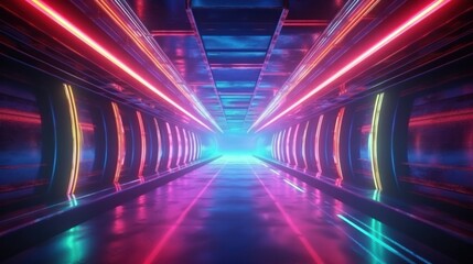 Speed light tunnel through the city. Neon and light glowing on dark scene. Generative AI.