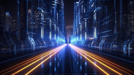 Speed light tunnel through the city. Neon and light glowing on dark scene. Generative AI.