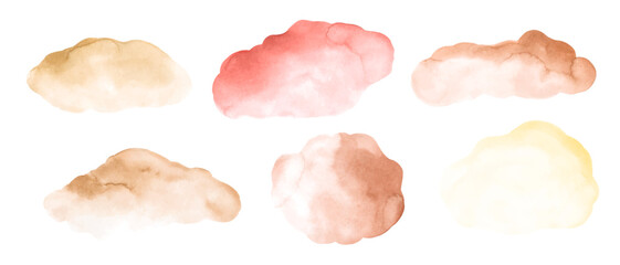 Set of colorful watercolor blots, abstract forms, textures, design elements. Soft hand painted clouds, ink spots.
