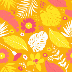 Fototapeta na wymiar Seamless pattern with colorful exotic plants, leaves, flowers. Endless cute design for fabric print, wallpaper.