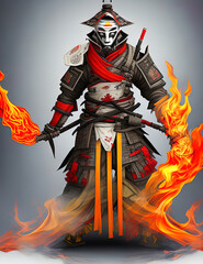 Asian warrior ronin ninja samurai evil mask casting magic cartoon illustration 