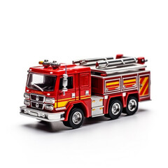 A child's toy fire truck is isolated on a white background. This toy has good detail to every part of the fire truck and of the type that has a water tank in it. Has a red base color.