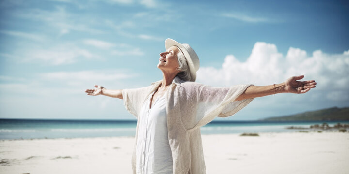 Happy senior woman standing on the beach with open arms, enjoying summer and freedom