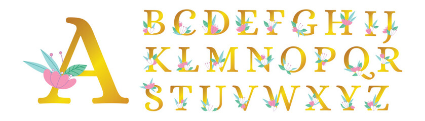 Golden floral alphabet font uppercase letters with flowers leaves gold splatters