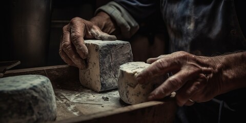 Close up hands an artisan cheese maker prepares a small-batch, cave-aged blue cheese, concept of Food fermentation, created with Generative AI technology