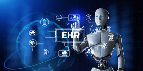 EHR EMR Electronic medical health record RPA automation. Robot pressing button on screen 3d render.