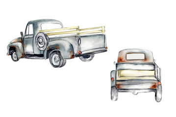 Vintage watercolor gray trucks set, hand drawn illustration of old retro car on a white background. Perfect for scrapbooking, kids design, wedding invitation, posters, greetings cards. © Leila