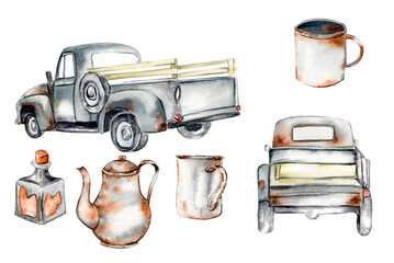 Vintage watercolor gray trucks and rusty garden equipment, hand draw n illustration of old car on a white background. Perfect for scrapbooking, kids design, nvitation, posters, greetings cards.
