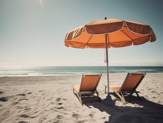 Entspannung pur, zwei Liegestühle und ein Sonnenschirm auf weißem Sand am Meer, generative AI.