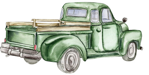 Vintage watercolor green truck, hand drawn ilustration of old retro car on a white background. Perfect for scrapbooking, kids design, wedding invitation, posters, greetings cards.
