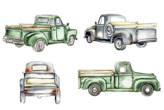 Vintage watercolor gray and green trucks set, hand drawn illustration of old retro car on a white background. Perfect for scrapbooking, kids design, wedding invitation, posters, greetings cards.