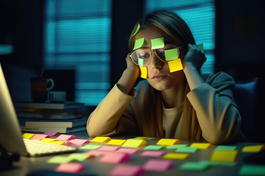When Work Becomes a Chaos: Funny Photo of a Woman Seated at Her Desk, Drowning in Post-Its, Illustrating the Hilarity Amidst Office Chaos



