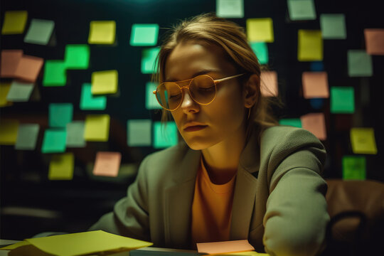 When Work Becomes a Chaos: Funny Photo of a Woman Seated at Her Desk, Drowning in Post-Its, Illustrating the Hilarity Amidst Office Chaos



