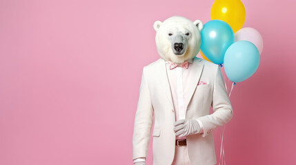 An abstract and creative portrait of a furry, fluffy polar bear dressed in a suit with a human body, standing beside helium balloons.  Minimalistic, illustrated with a retro vibe. Generative AI.