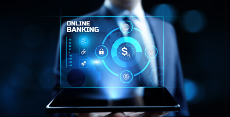 Online banking e-banking digital finance technology. Businessman pressing button on screen.