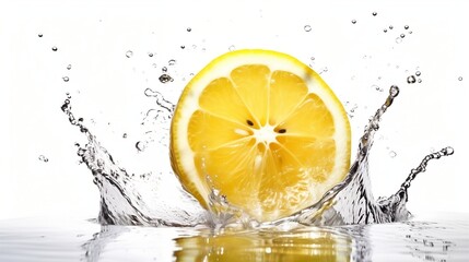 Fototapeta na wymiar Freshly cut lemon dipped in water on a white background