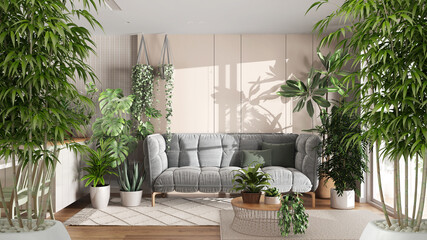 Zen interior with potted bamboo plant, natural interior design concept, living room and kitchen with island and chairs, sofa carpet, urban jungle, interior design idea