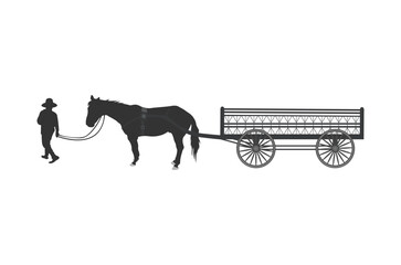 Silhouette of horse-drawn carriages with rider, four-wheel carriage, wild west wagon silhouette. Vector illustration. - obrazy, fototapety, plakaty