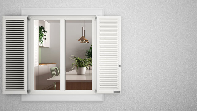 Exterior plaster wall with white window with shutters, showing interior living room with kitchen, blank background with copy space, architecture design concept idea, mockup template