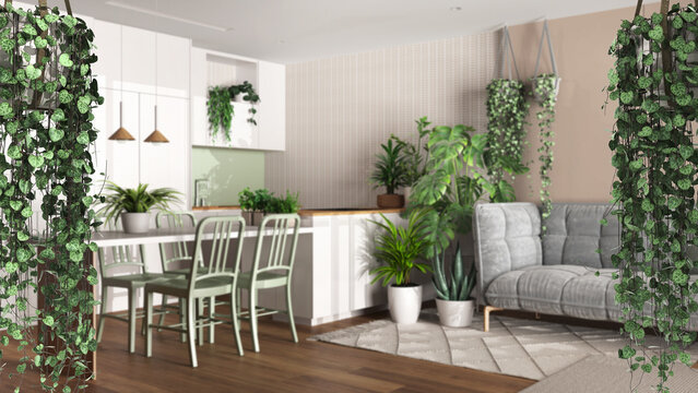 Jungle frame, biophilic concept idea interior design. Tropical leaves over minimal kitchen with dining table and living room with sofa. Cerpegia woodii hanging plants