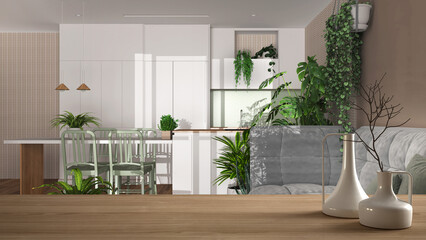 Wooden table top or shelf with minimalistic modern vases over modern kitchen and living room, many houseplants, urban jungle, biophilic interior design