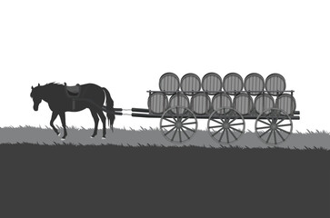 A horse carries a loaded cart with barrels. flat vector illustration.