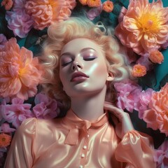 Stunning perfect beautiful girl laying in the flowers. Touching her face. She is wearing satin blouse, and has perfect pastel make up. Natural beauty concept. Generative AI.