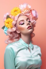 Stunning perfect beautiful girl laying in the flowers. She is wearing satin blouse, and has perfect pastel make up. Natural beauty concept. Generative AI.