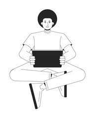 Man holding tablet bw vector spot illustration. Afro guy sitting with electronic gadget 2D cartoon flat line monochromatic character on white for web UI design. Editable isolated outline hero image