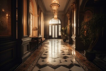 A lavishly decorated interior hallway. Generative AI