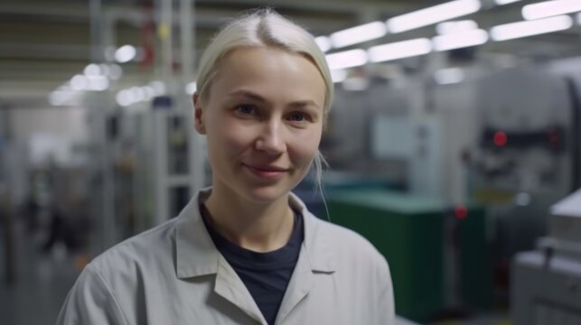 A smiling Swedish female electronic factory worker standing in factory. Generative AI AIG19.