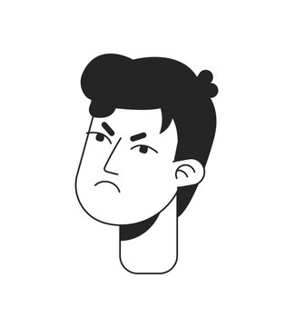 Angry young man with furrowed brows monochrome flat linear character head. Showing displeasure. Editable outline hand drawn human face icon. 2D cartoon spot vector avatar illustration for animation