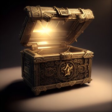 Ornate wooden chest in the low light background created with Generative AI technology.