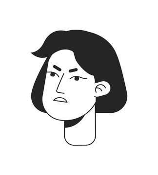 Angry lady in irritated mood monochrome flat linear character head. Grumpy young woman. Editable outline hand drawn human face icon. 2D cartoon spot vector avatar illustration for animation
