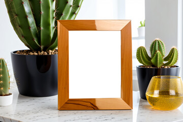 Wooden frame and plant mockup in white minimalist room with copy space, Generative AI