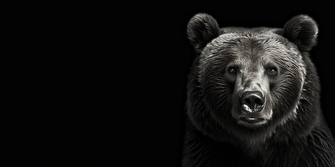 Fototapeta premium Black and white photorealistic studio portrait of a Brown Bear on black background. Generative AI illustration