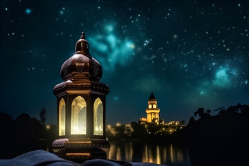 Fototapeta premium An Arabic lantern stands in the foreground, in the background there is a synagogue at night.