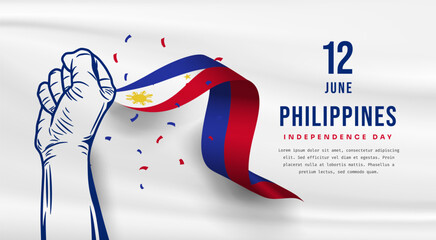 Banner illustration of Philippines independence day celebration with text space. Waving flag and hands clenched. Vector illustration.