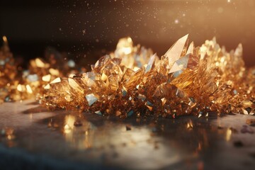 Luxurious abstract background with crystals, gems, gold dust and light effects. Generative AI