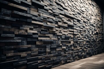 Natural stone tiles arranged in a 3D polished brick pattern. Rendered mosaic wall of stacked blocks. Generative AI