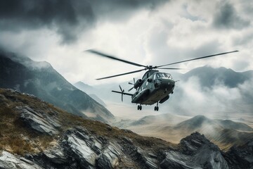 Naklejka na ściany i meble Military helicopter flying over rough terrain. Generative AI