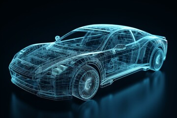 Transparent, wireframe, futuristic car blueprint, electric vehicle, digital design, 3D illustration. Generative AI