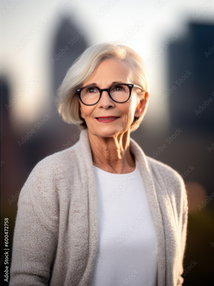 Sticker Pet portrait photography of a pleased woman in her 50s wearing a chic cardigan against a cityscape background. Generative AI