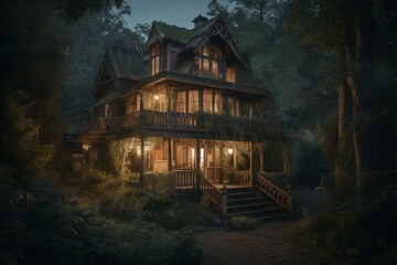 Enchanting homes in mystical woods at night. Generative AI