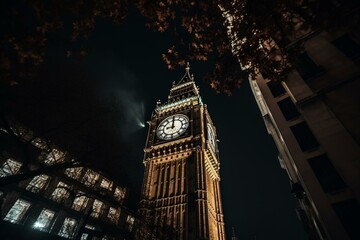 Nighttime view of iconic Big Ben clock tower. Generative AI