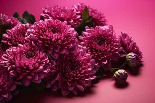Pink and magenta chrysanthemums on pink background with space for text. Generative AI