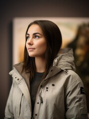Portrait of a beautiful young woman in beige jacket looking away