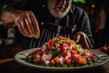 Coastal Flavors. Indulge in the exquisite taste of Costa Rican ceviche, skillfully presented by a talented chef. AI Generative - obrazy, fototapety, plakaty