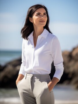 Lifestyle portrait photography of a pleased woman in her 30s wearing a smart pair of trousers against a beach background. Generative AI