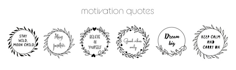 set of motivation quotes in circle floral frame, motivational phrase, monogram